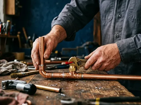 Copper pipes and brass fittings being assembled at a workbench