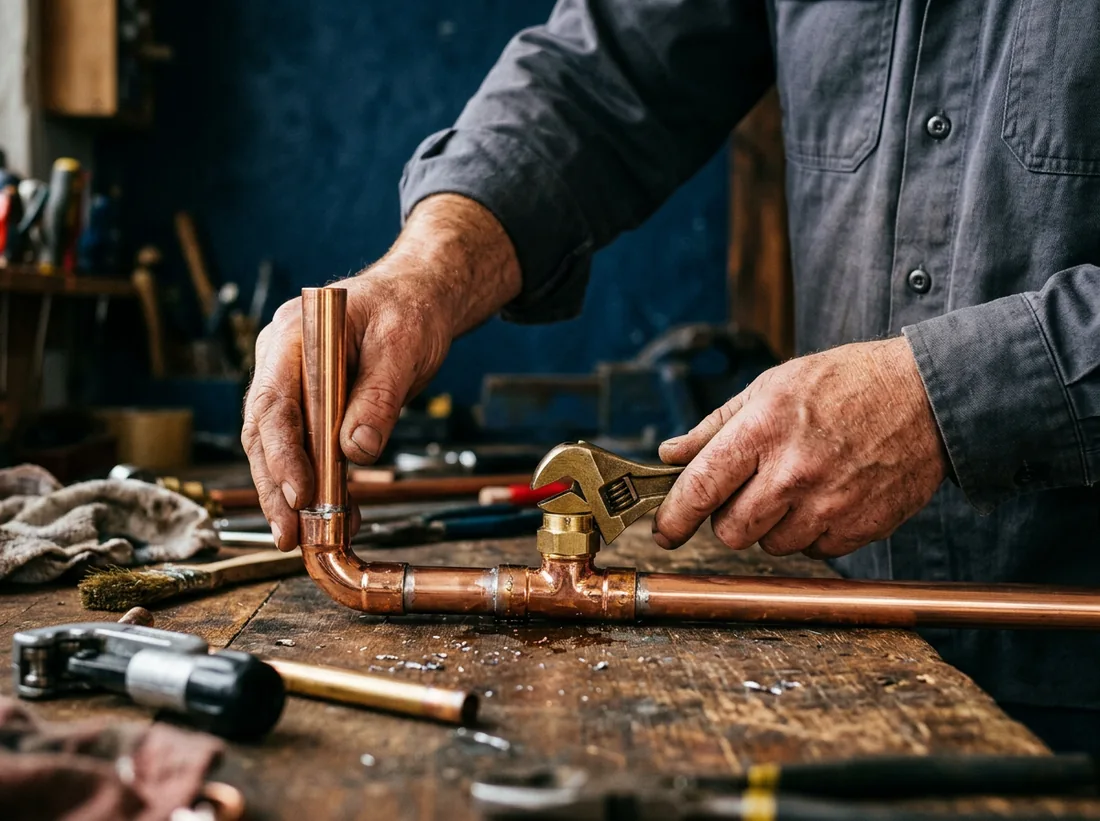 Copper pipes and brass fittings being assembled at a workbench