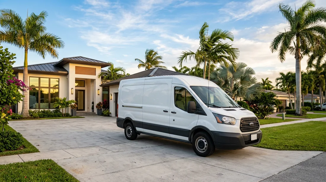Plumbing service van outside a coastal Florida home